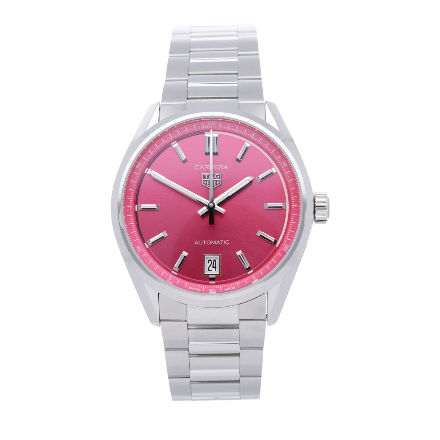Tag Heuer Carrera Date Automatic 18K Pink Dial Silver Steel Strap Watch for Women - WBN2313.BA0001