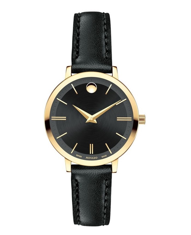 Movado Ultra Slim Black Dial Black Leather Strap Watch For Women - 0607095