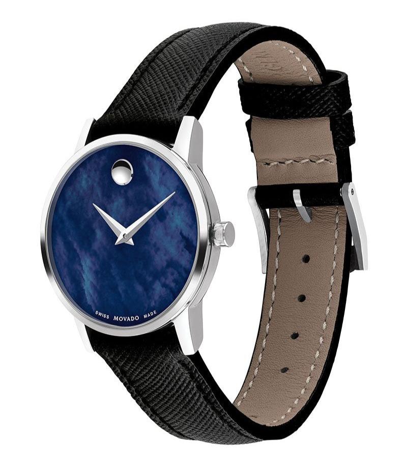 Movado Museum Blue Dial Black Leather Strap Watch For Men - 2100009