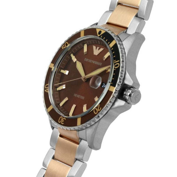 Emporio Armani Diver Quartz Brown Dial Two Tone Steel Strap Watch For Men - AR11340