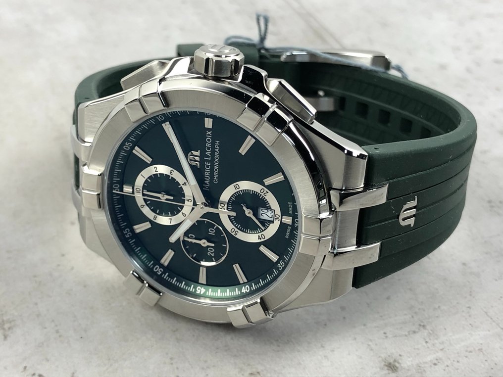 Maurice Lacroix Aikon Chronograph Green Dial Green Rubber Strap Watch for Men - AI1018-SS000-630-5