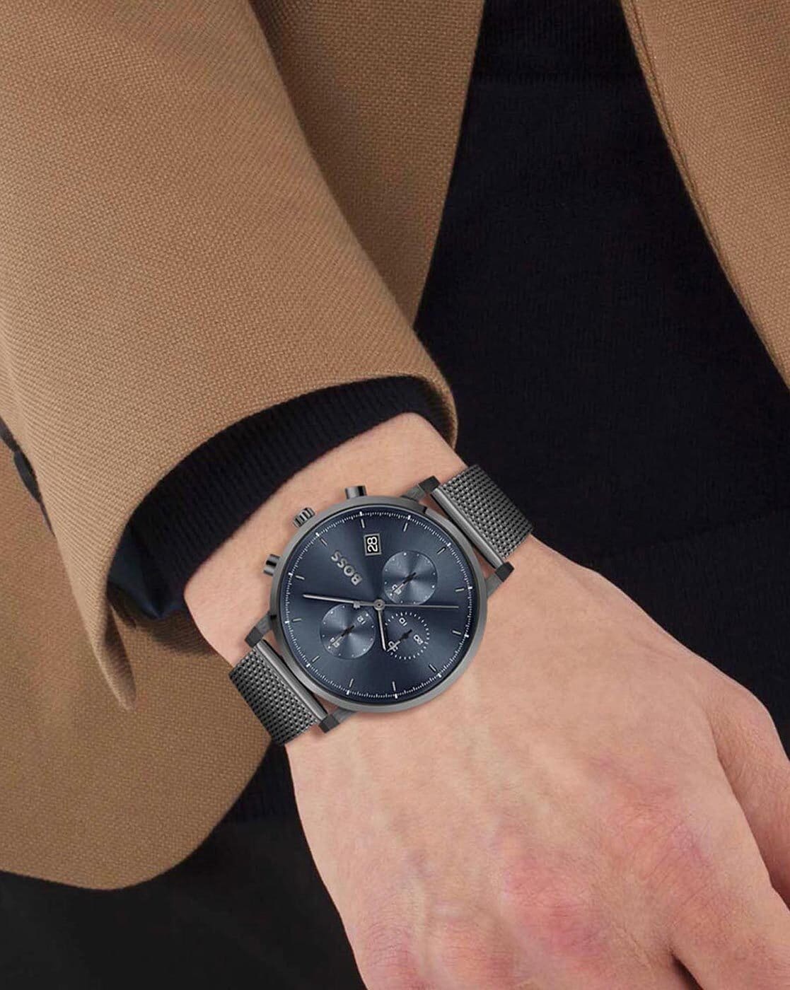 Hugo Boss Skymaster Chronograph Grey Dial Grey Mesh Bracelet Watch for Men - 1513934