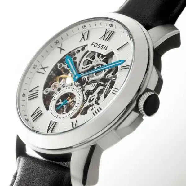 Fossil Grant Skeleton White Dial Black Leather Strap Watch for Men - ME3053