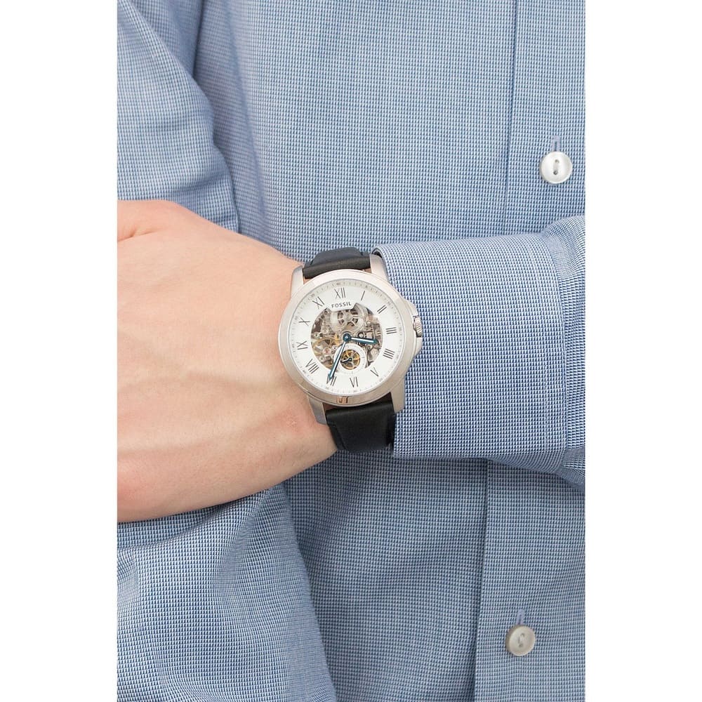 Fossil Grant Skeleton White Dial Black Leather Strap Watch for Men - ME3053