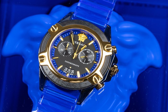 Versace Icon Active Chronograph Black Dial Blue Rubber Strap Watch For Men VEZ700521