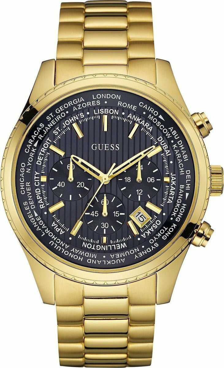 Guess Multifunction Black Dial Gold Steel Strap Watch for Men - W0602G1