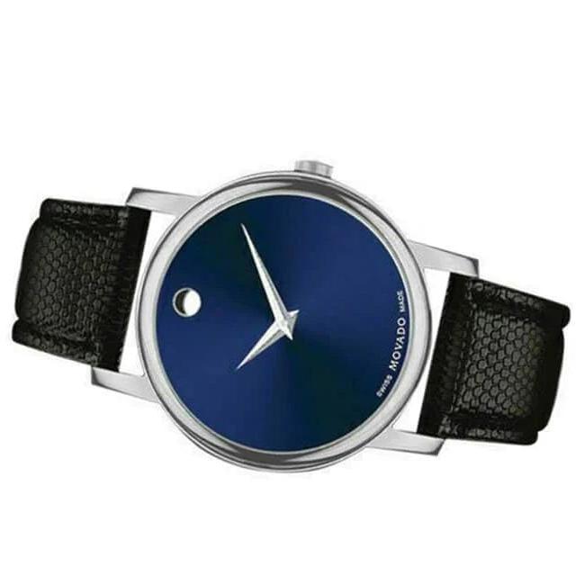 Movado Museum Blue Dial Black Leather Strap Watch For Men - 2100009