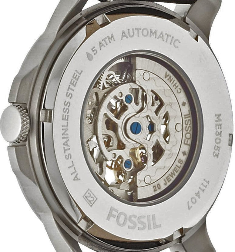 Fossil Grant Skeleton White Dial Black Leather Strap Watch for Men - ME3053