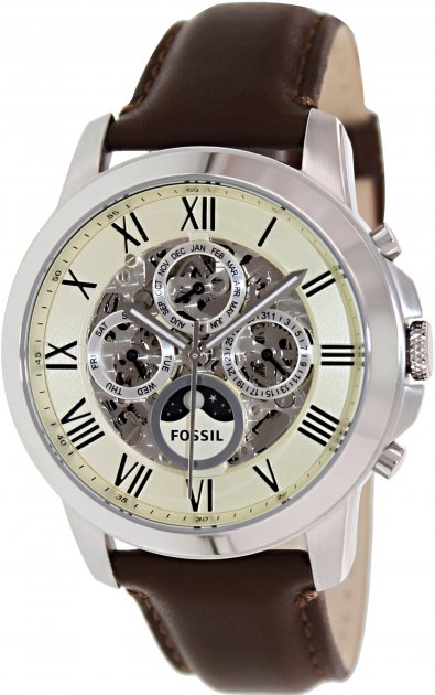 Fossil Grant Automatic White Dial Brown Leather Strap Watch for Men - ME3027