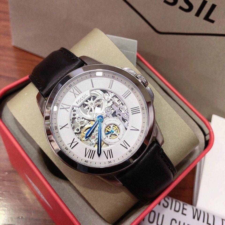 Fossil Grant Skeleton White Dial Black Leather Strap Watch for Men - ME3053