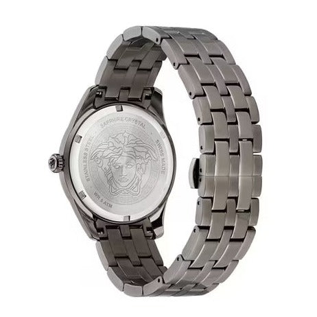 Versace Greca Time Quartz Black Dial Grey Steel Strap Watch for Men - VE3K00622