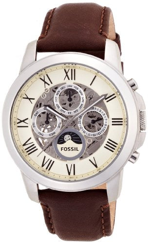 Fossil Grant Automatic White Dial Brown Leather Strap Watch for Men - ME3027