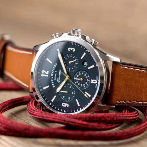 Fossil Forrester Chronograph Blue Dial Brown Leather Strap Watch for Men - S5607