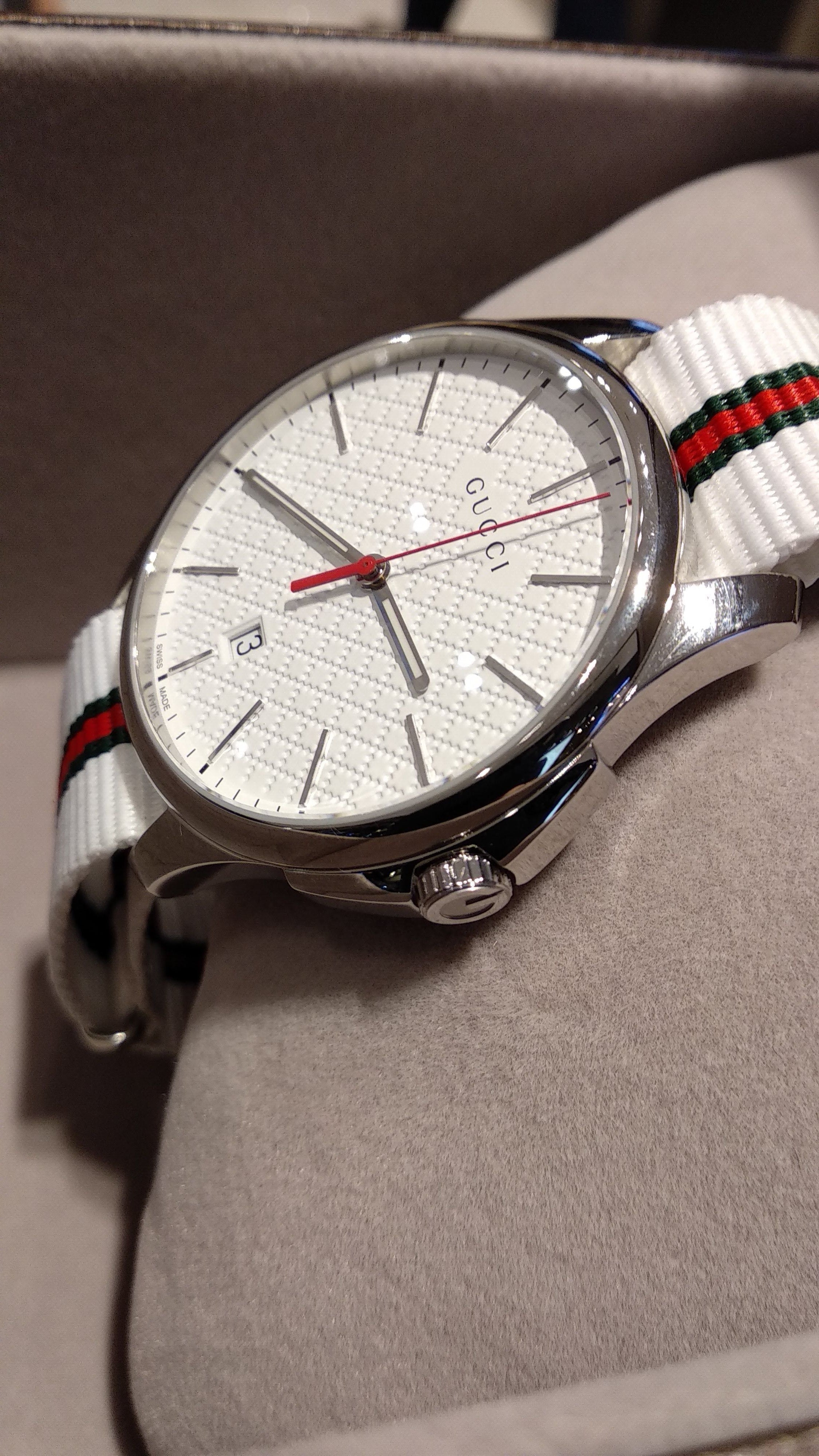Gucci G Timeless Quartz White DIal White NATO Strap Watch For Men - YA126322