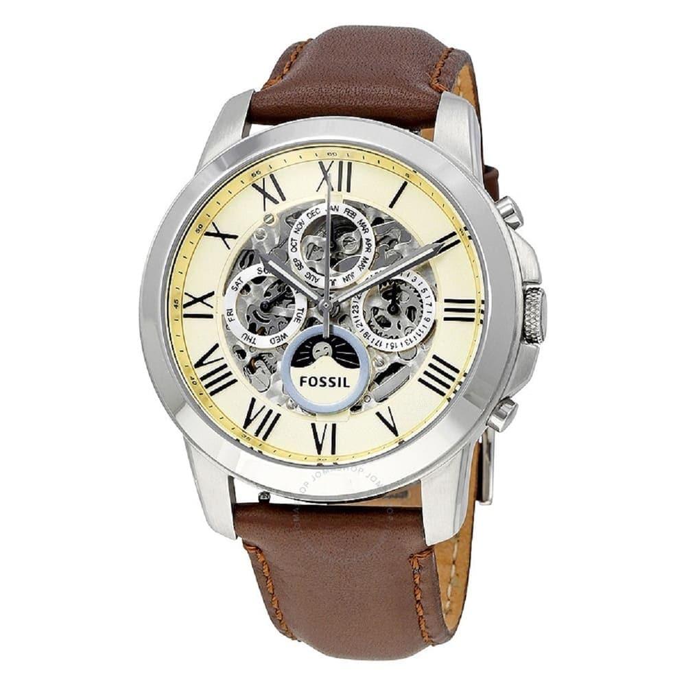 Fossil Grant Automatic White Dial Brown Leather Strap Watch for Men - ME3027