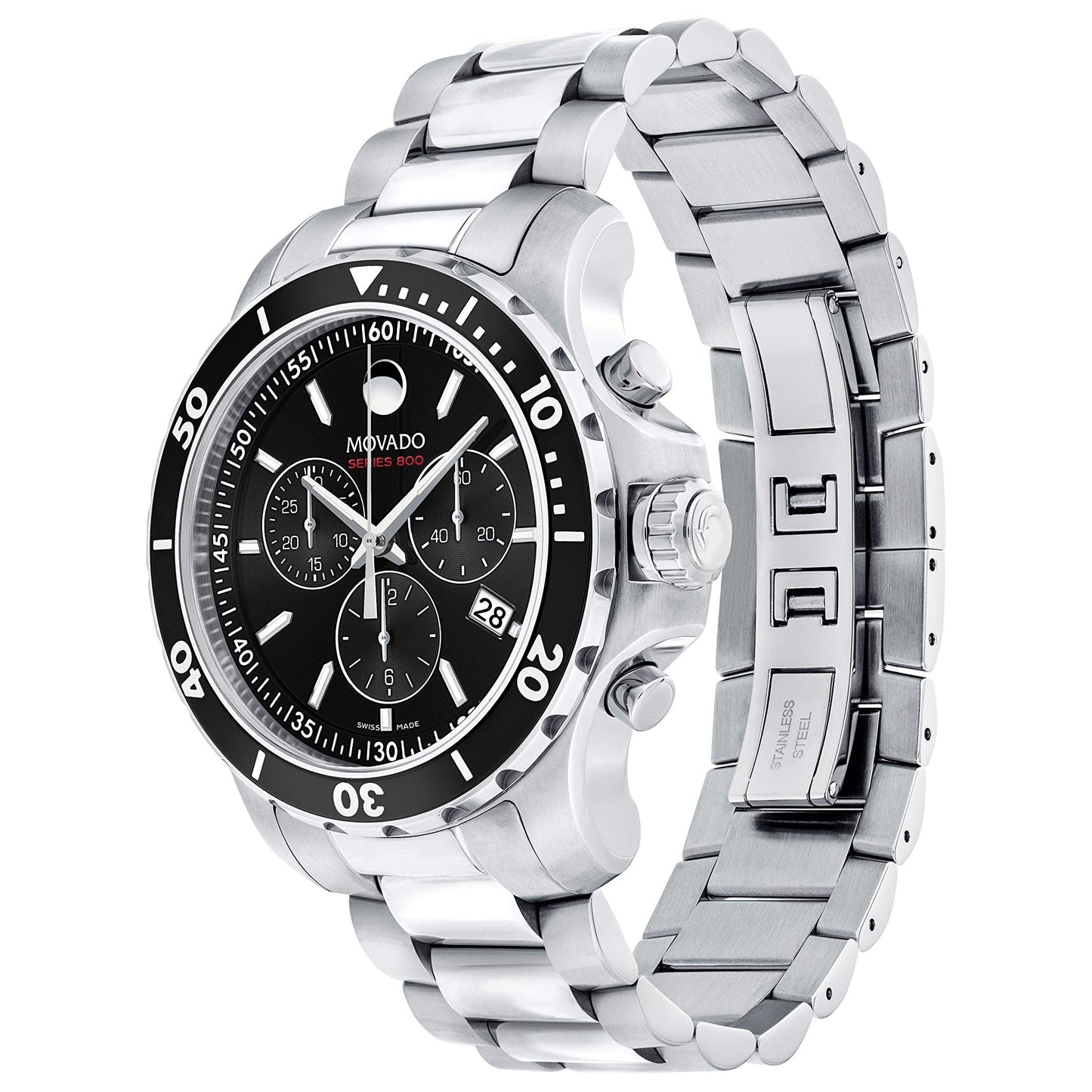 Movado Series 800 Chronograph Black Dial Silver Steel Strap Watch For Men - 2600142