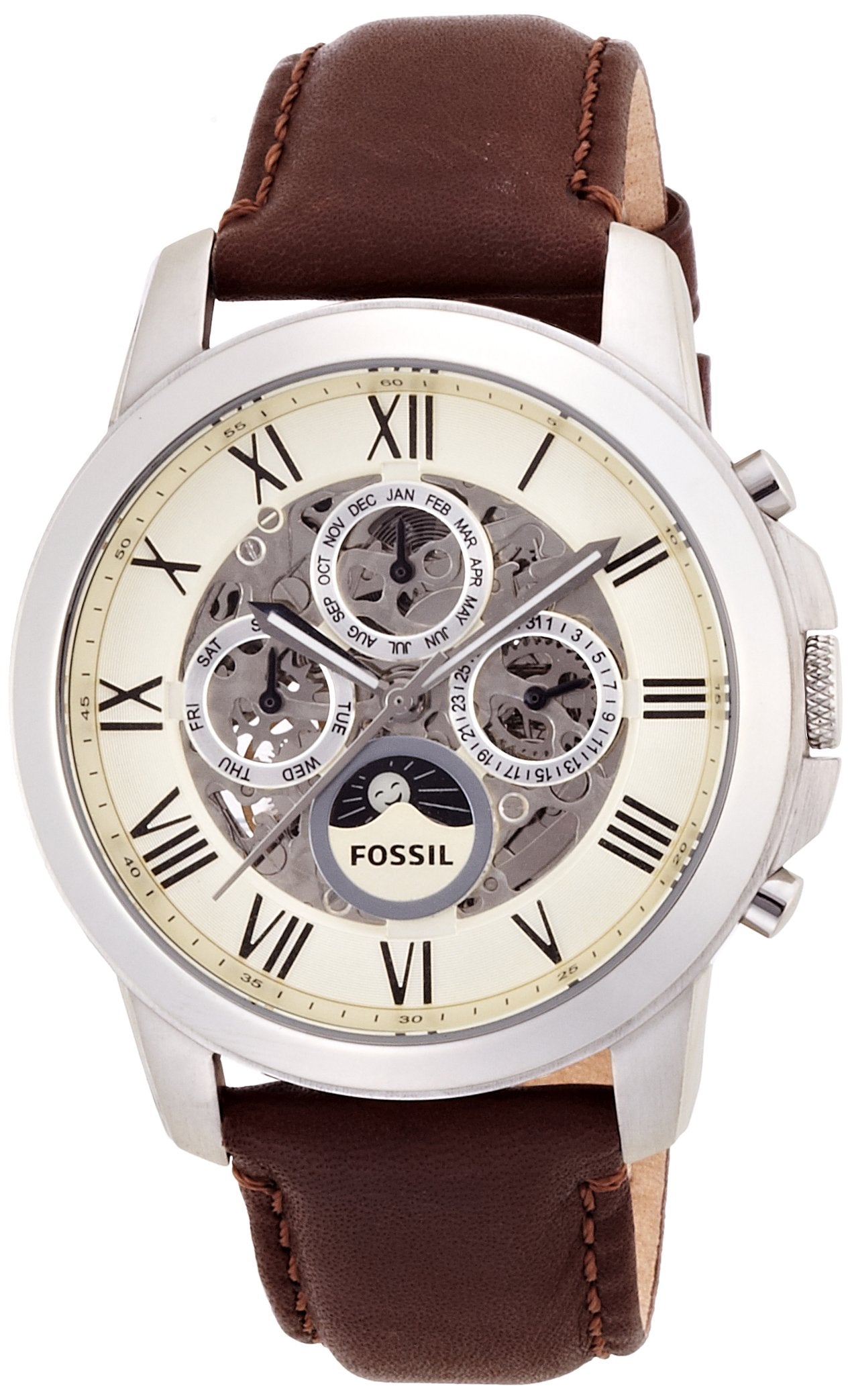 Fossil Grant Automatic White Dial Brown Leather Strap Watch for Men - ME3027