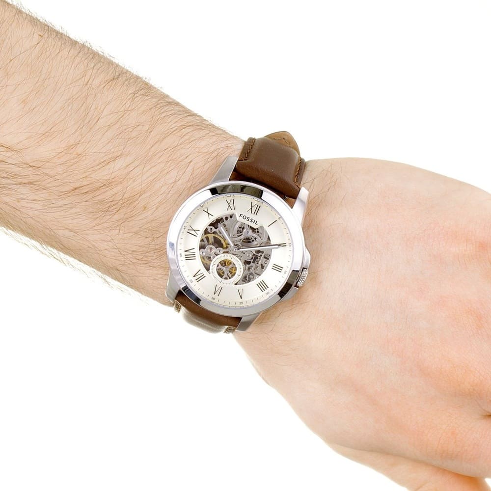 Fossil Grant Automatic White Dial Brown Leather Strap Watch for Men - ME3027