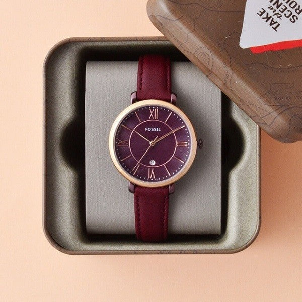 Fossil Jacqueline Burgundy Dial Burgundy Leather Strap Watch for Women - ES4099