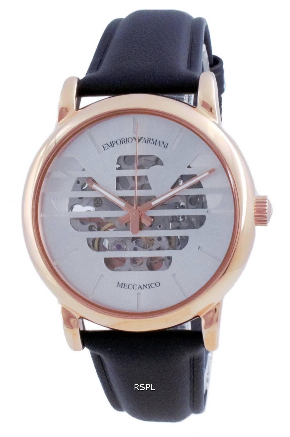 Emporio Armani Meccanico Skeleton Silver Dial Black Leather Strap Watch For Men - AR60031