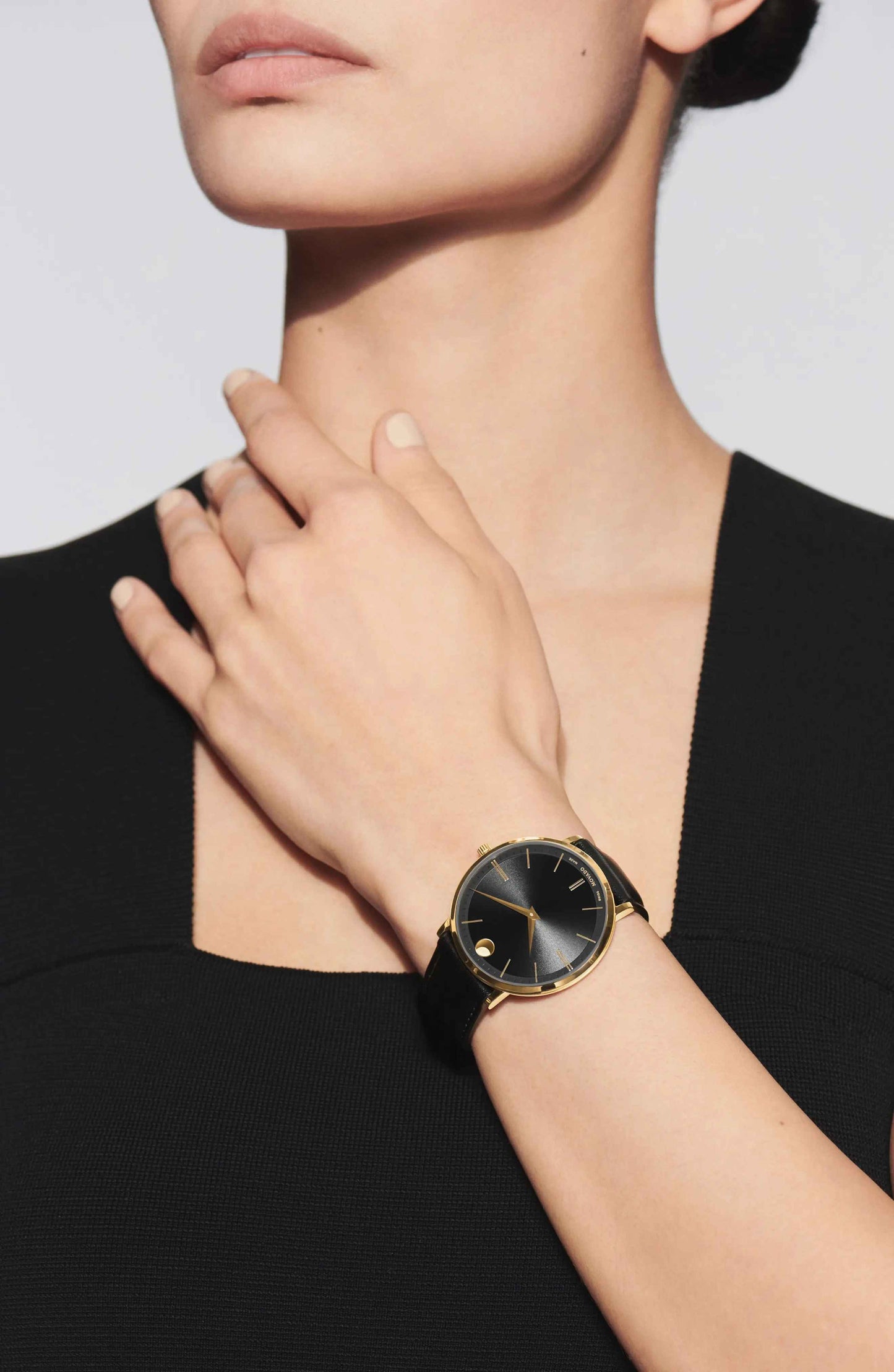 Movado Ultra Slim Black Dial Black Leather Strap Watch For Women - 0607095