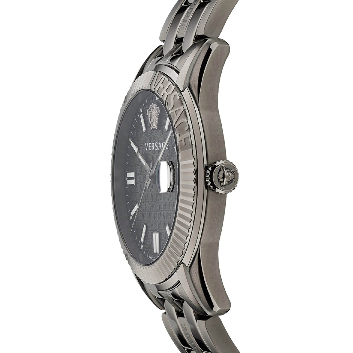 Versace Greca Time Quartz Black Dial Grey Steel Strap Watch for Men - VE3K00622