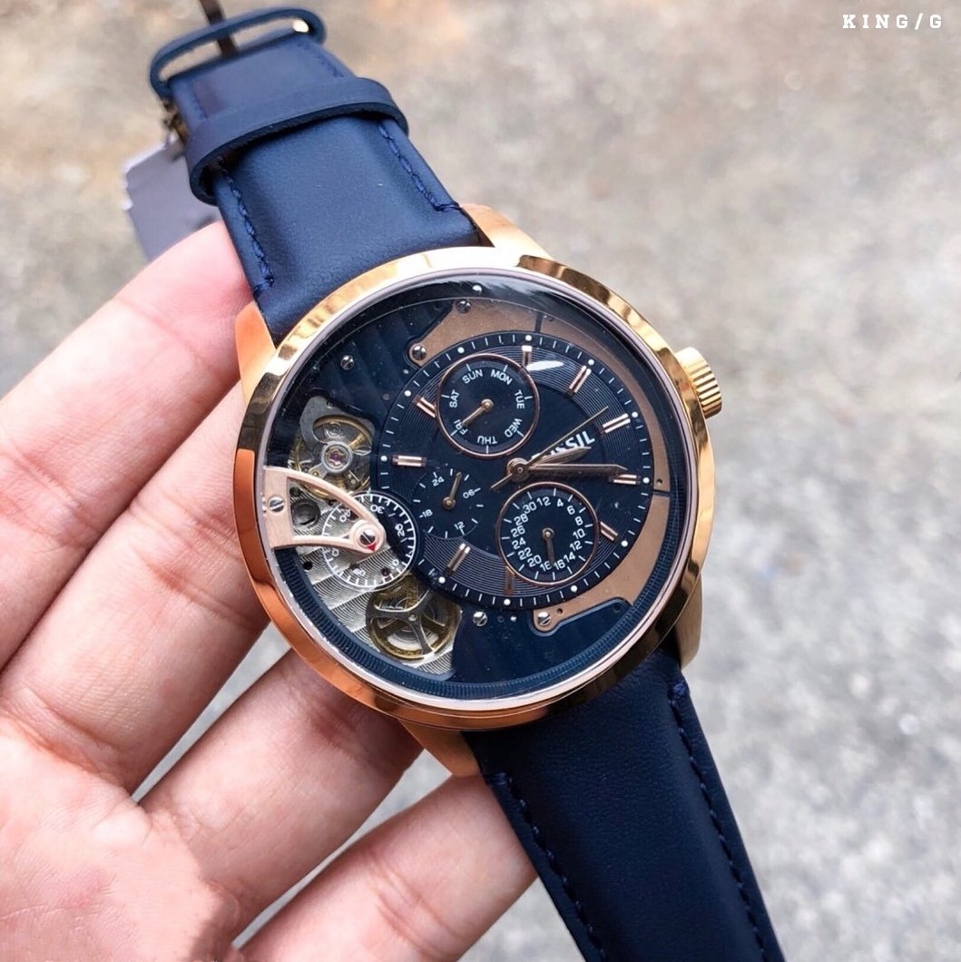 Fossil Townsman Twist Skeleton Blue Dial Blue Leather Strap Watch for Men - ME1138