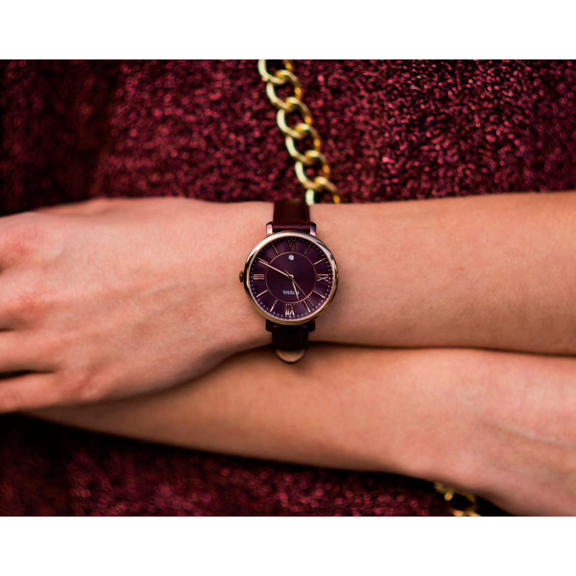 Fossil Jacqueline Burgundy Dial Burgundy Leather Strap Watch for Women - ES4099