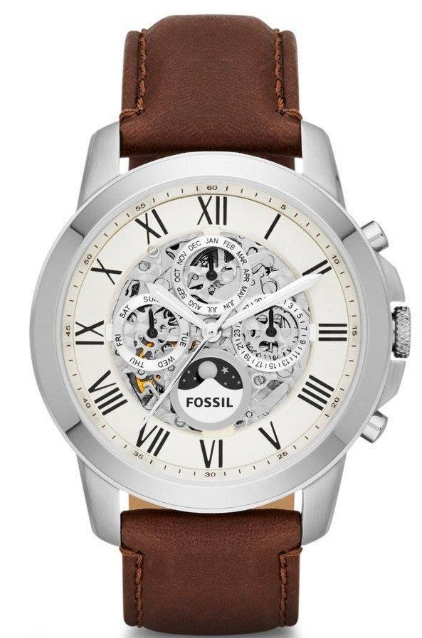 Fossil Grant Automatic White Dial Brown Leather Strap Watch for Men - ME3027