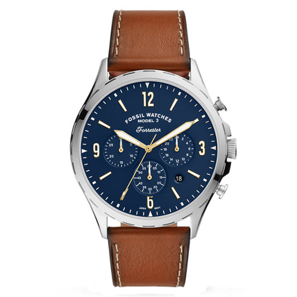 Fossil Forrester Chronograph Blue Dial Brown Leather Strap Watch for Men - S5607