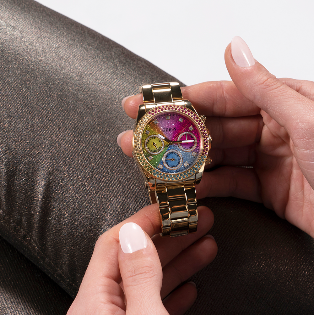 Guess Confetti Chronograph Rainbow Dial Gold Steel Strap Watch For Women - GW0483L4