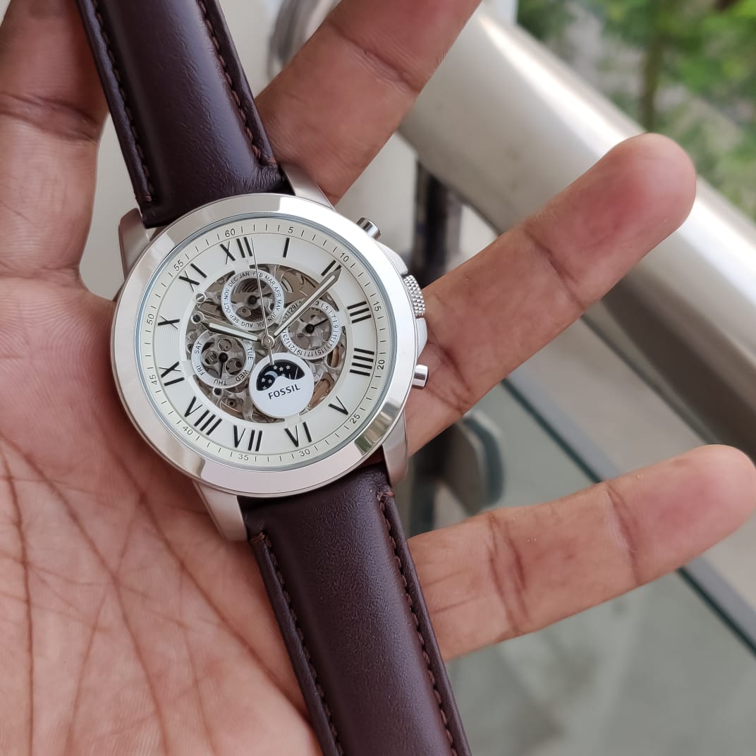 Fossil Grant Automatic White Dial Brown Leather Strap Watch for Men - ME3027