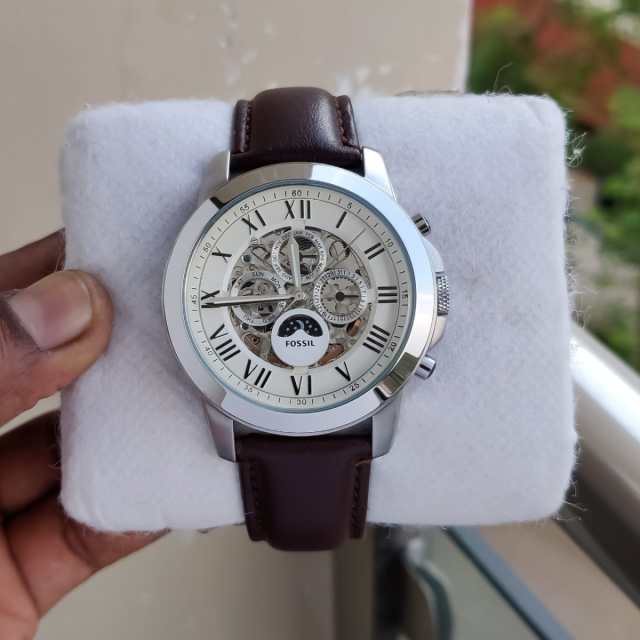Fossil Grant Automatic White Dial Brown Leather Strap Watch for Men - ME3027