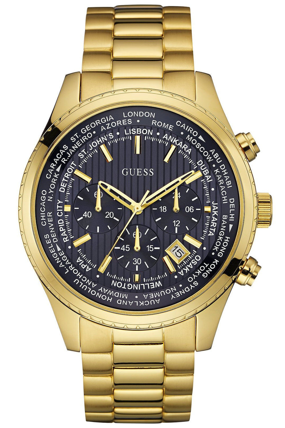 Guess Multifunction Black Dial Gold Steel Strap Watch for Men - W0602G1