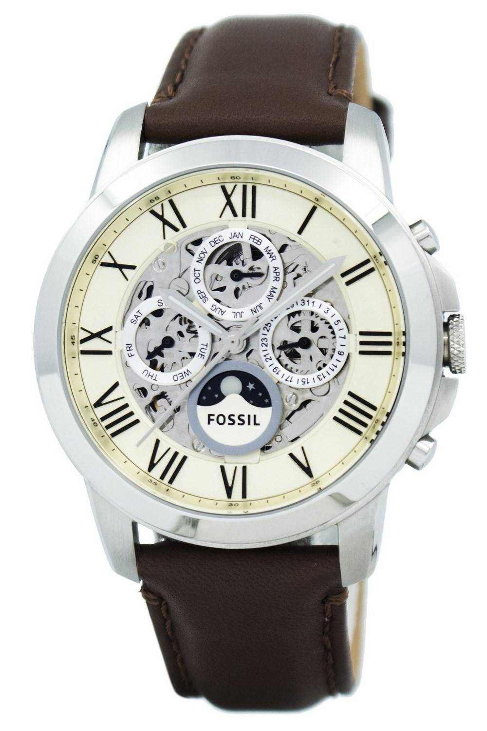 Fossil Grant Automatic White Dial Brown Leather Strap Watch for Men - ME3027