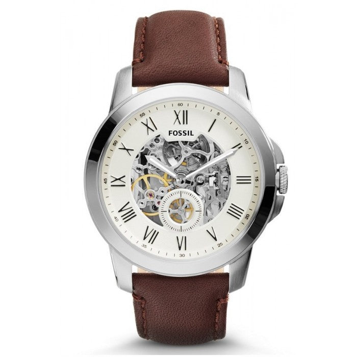 Fossil Grant Automatic White Dial Brown Leather Strap Watch for Men - ME3027