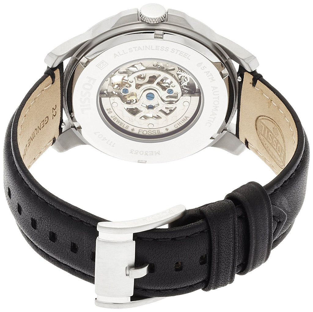 Fossil Grant Skeleton White Dial Black Leather Strap Watch for Men - ME3053