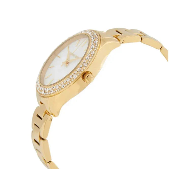 Michael Kors Liliane Mother of Pearl White Dial Gold Steel Strap Watch For Women - MK4555