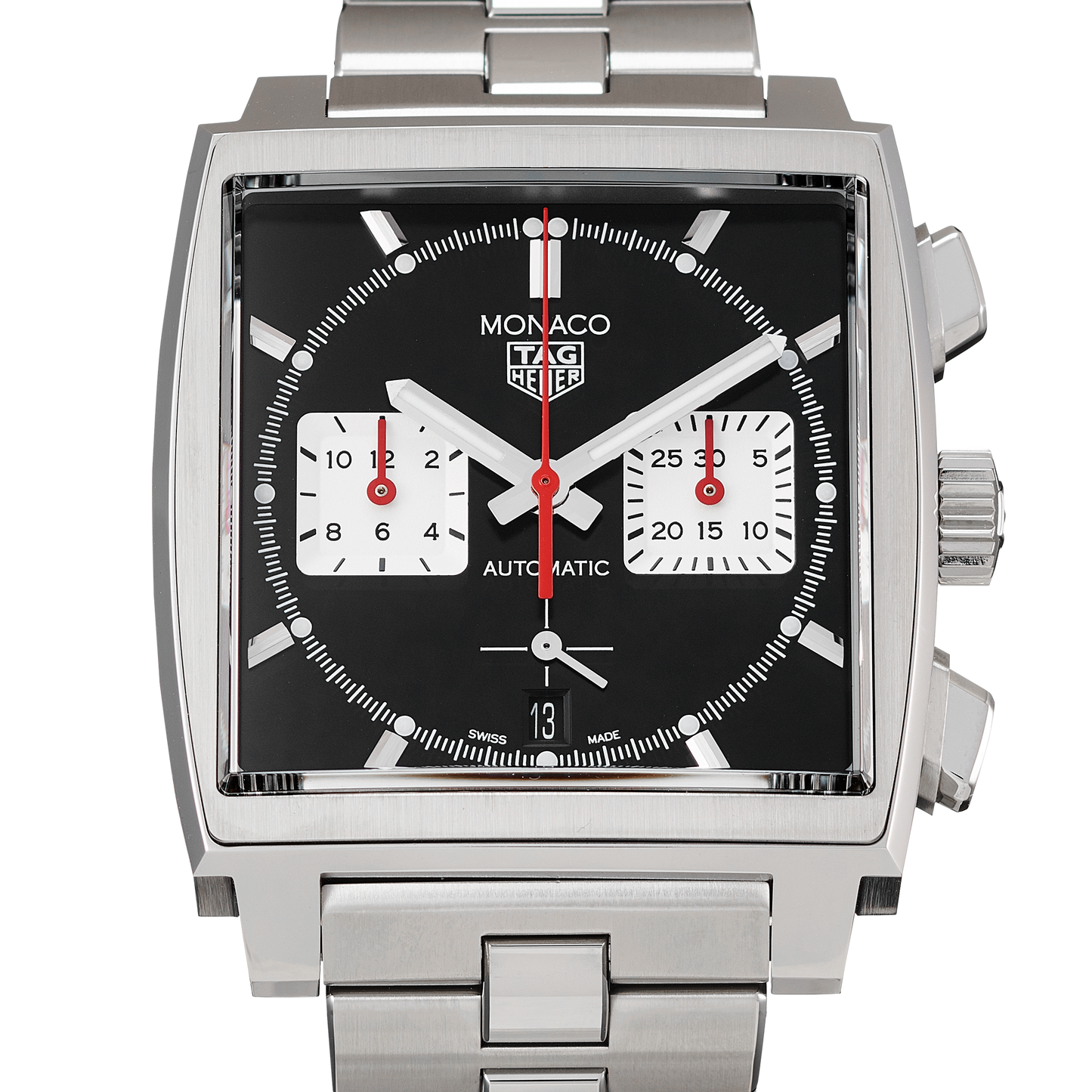 Tag Heuer Monaco Automatic Chronograph Black Dial Silver Steel Strap Watch for Men - CBL2113.BA0644