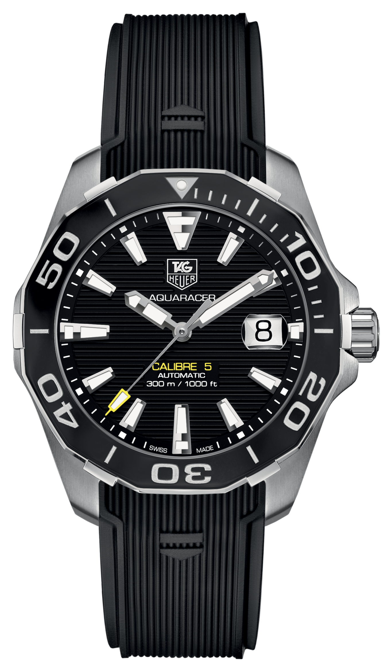 Tag Heuer Aquaracer Calibre 5 Automatic Black Dial Black Rubber Strap Watch for Men - WAY211A.FT6151