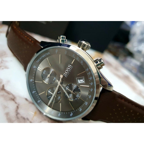 Hugo Boss Grand Prix Grey Dial Brown Leather Strap Watch for Men - 1513476