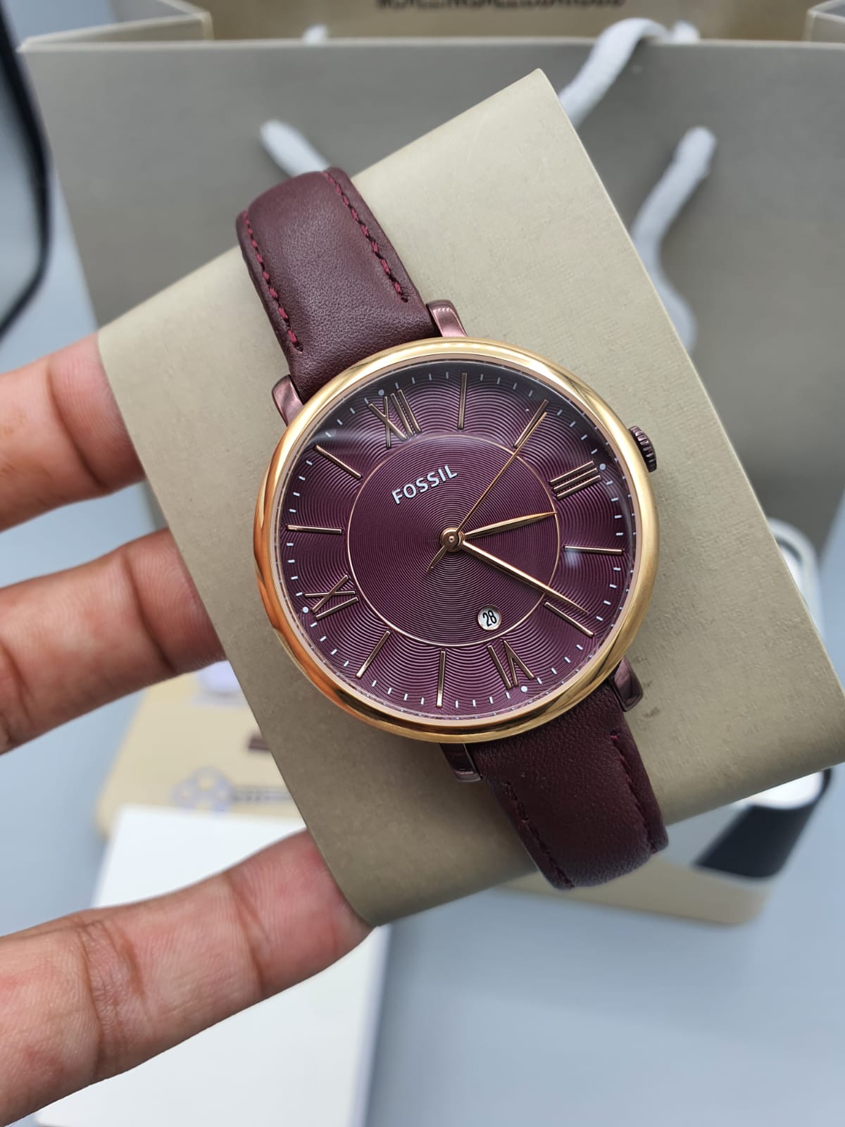 Fossil Jacqueline Burgundy Dial Burgundy Leather Strap Watch for Women - ES4099