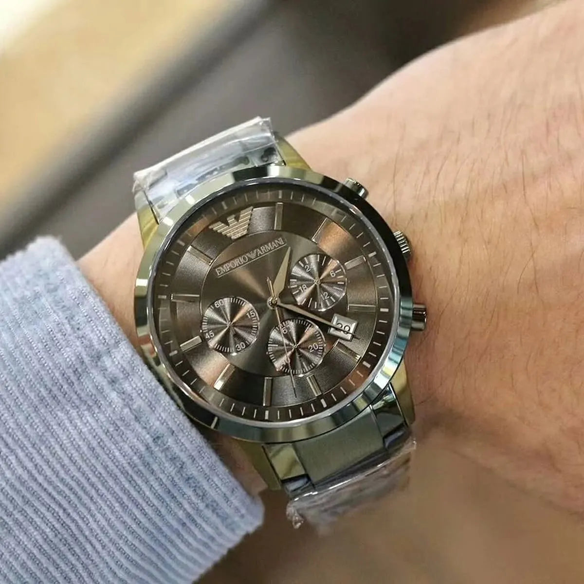 Emporio Armani Renato Chronograph Quartz Grey Dial Green Steel Strap Watch For Men - AR11117