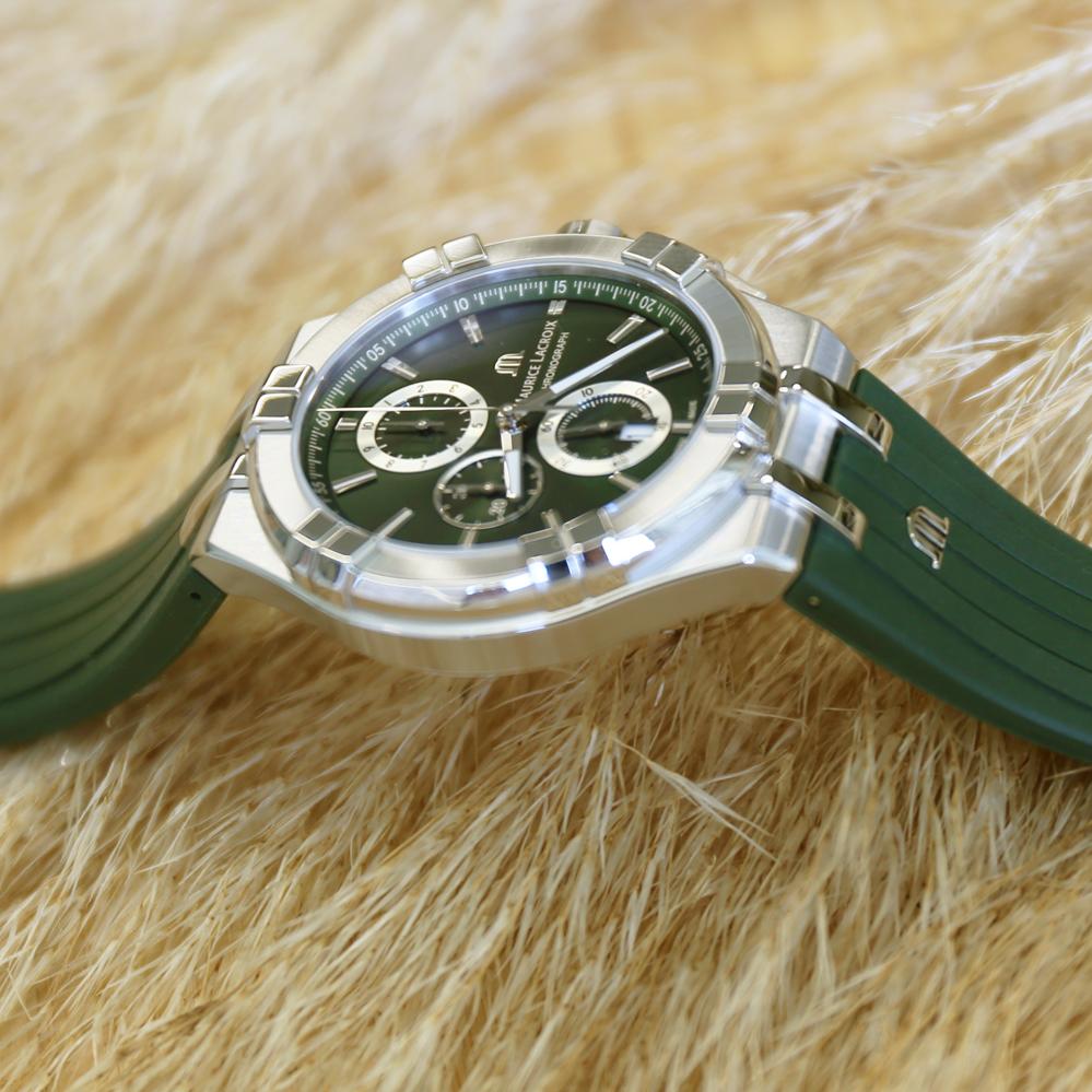 Maurice Lacroix Aikon Chronograph Green Dial Green Rubber Strap Watch for Men - AI1018-SS000-630-5