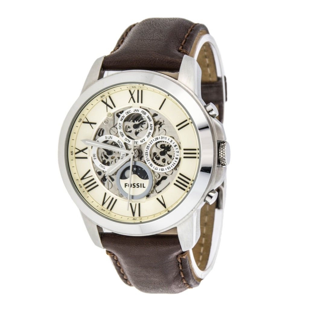 Fossil Grant Automatic White Dial Brown Leather Strap Watch for Men - ME3027