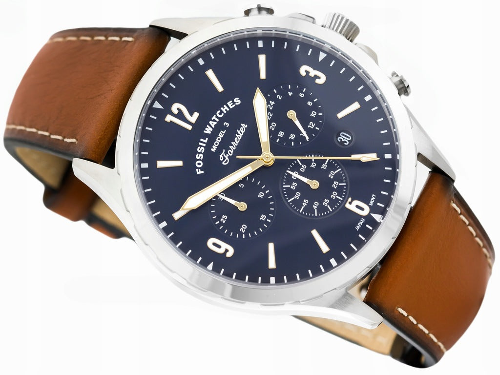 Fossil Forrester Chronograph Blue Dial Brown Leather Strap Watch for Men - S5607