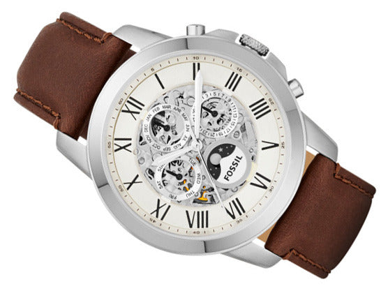Fossil Grant Automatic White Dial Brown Leather Strap Watch for Men - ME3027