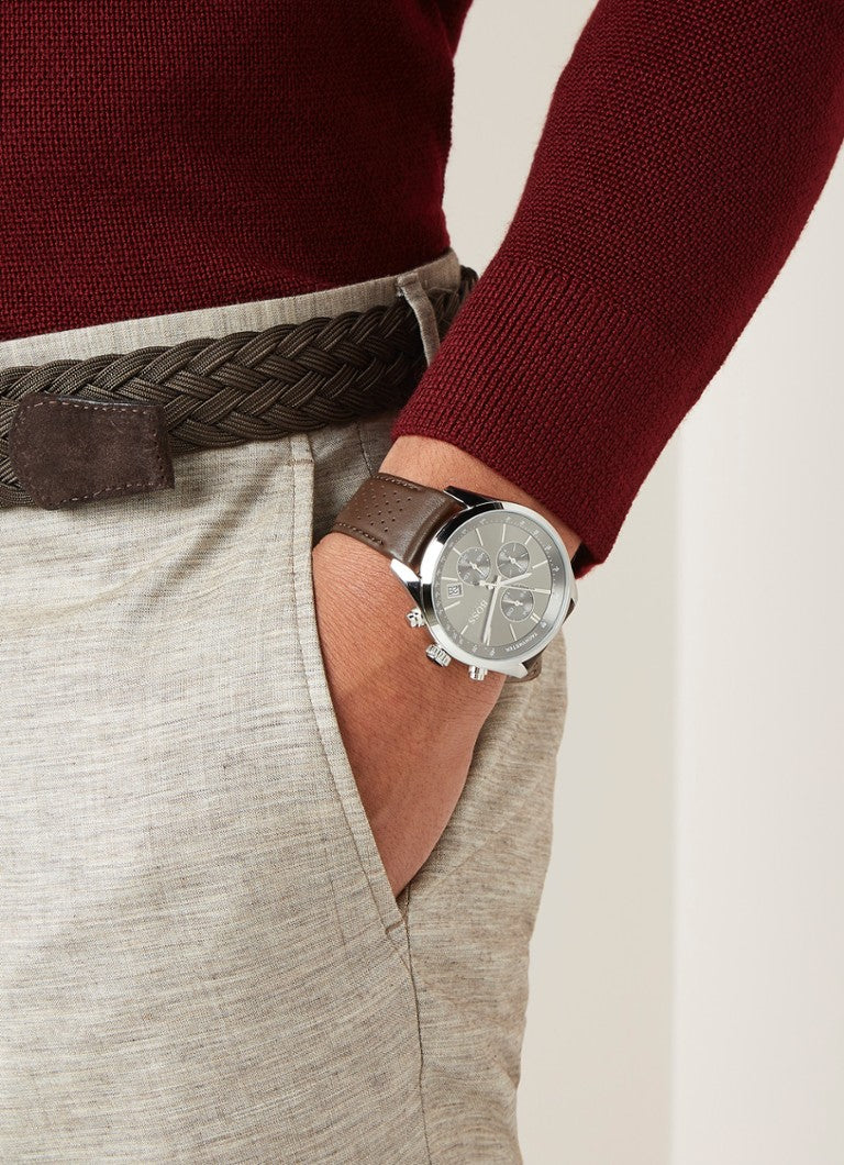 Hugo Boss Grand Prix Grey Dial Brown Leather Strap Watch for Men - 1513476