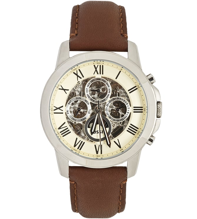 Fossil Grant Automatic White Dial Brown Leather Strap Watch for Men - ME3027