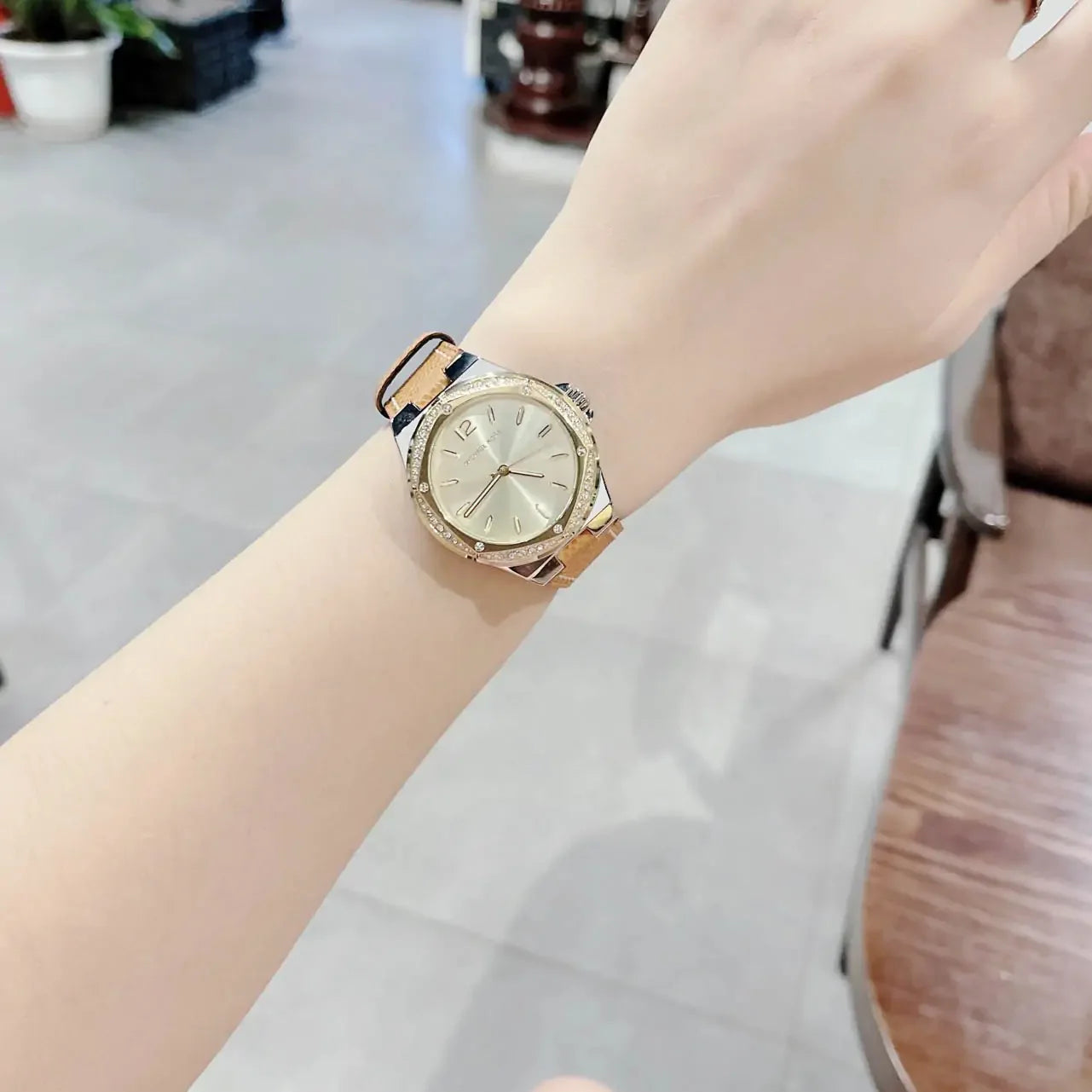 Michael Kors Lennox Three-Hand Gold Dial Two Tone Steel Strap Watch For Women - MK6988